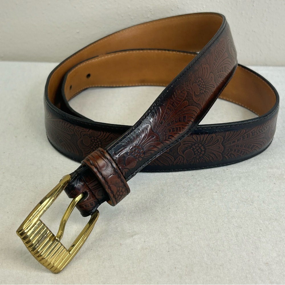 Perry Ellis 36 Brown Embossed Leather Belt with Gold Buckle Cowhide Floral - Picture 1 of 8